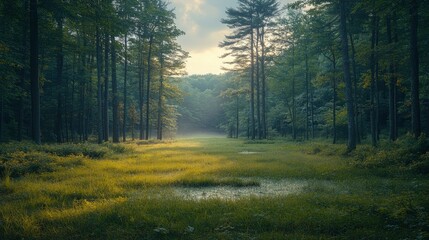 Obraz premium Sunbeams filtering through dense trees in a forest clearing