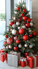 Elegant christmas tree adorned with rich red and silver decorations surrounded by festive gifts and warm holiday cheer