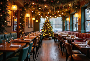 Fototapeta premium A cozy dining room adorned with festive lights and a Christmas tree during the holiday season