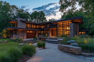 Obraz premium Modern House Surrounded by Lush Greenery at Dusk