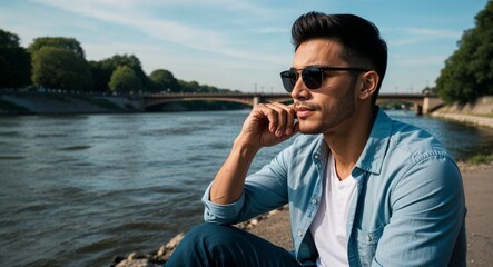 Obraz premium Thoughtful Young Latin Hispanic Man with Short Hair in Casual Shirt and Sunglasses by a River
