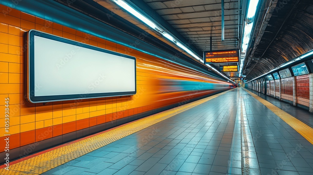 Poster empty subway platform with a large blank billboard and a blurred train passing by