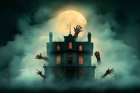 Haunted mansion at night with a full moon and ominous clouds in the sky and disembodied hands and faces emerging from the walls in a gothic horror inspired style