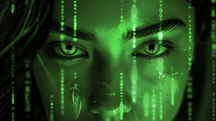 Close-up of a womans eyes with green digital data overlay, representing technology, AI, and cybersecurity