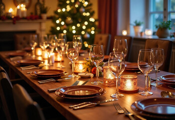 Elegant candlelit dining table decorated for a festive holiday celebration with a Christmas tree