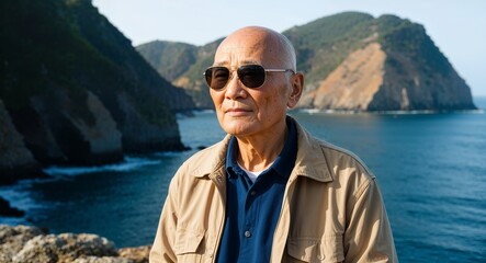 Fototapeta premium Calm Elderly Asian Man with Bald Head in Beige Jacket and Sunglasses near Coastal Cliffs