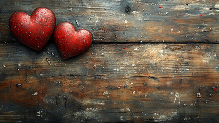 Obraz premium Valentines day background with two hearts on old wooden rustic texture surface