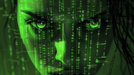Abstract cyberpunk concept with intense eyes overlaid by digital green code, symbolizing AI and hacking