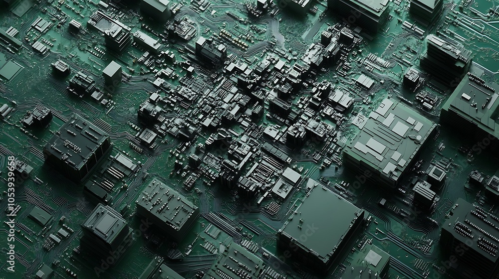 Poster A close-up view of a circuit board with many chips and components, rendered in a 3D style.