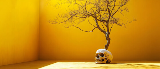 A skull atop a tree in a sunlit yellow chamber Yellow walls encircle the space