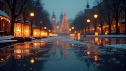 Twilight cityscape with glowing lantern on snowy street, reflecting lights, festive winter atmosphere. Generative, AI,

