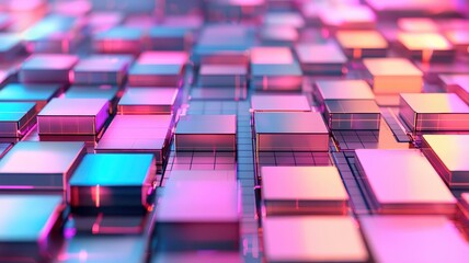 Obraz premium Colorful abstract geometric pattern with glowing squares on a dark background.