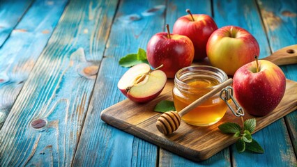 Fresh apple slices and sweet honey on rustic wooden table over blue background