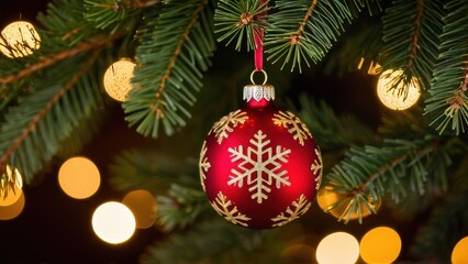 Obraz premium A red Christmas ornament with gold snowflake designs hangs on a green tree, surrounded by warm glowing lights and pine branches.
