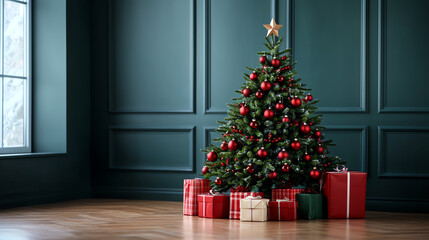 Creating a festive atmosphere a familystyle christmas tree adorned with red baubles and surrounded by gifts