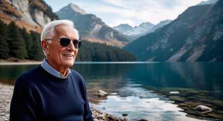 Fototapeta premium Content Elderly Man with Short White Hair in Navy Sweater and Sunglasses by Mountain Lake