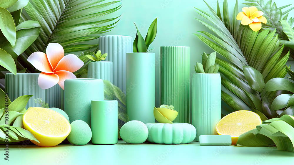 Poster a green background with a bunch of green vases and a yellow lemon. the vases are of different shapes
