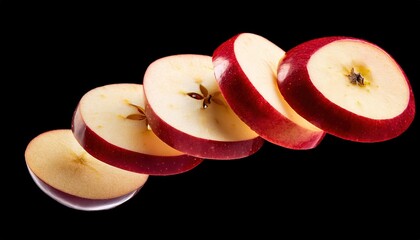 Red apple slices in motion, appearing tossed into the air with crisp, fresh pieces floating.