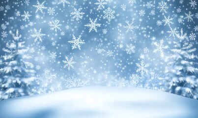 Naklejka premium A serene winter landscape with snowflakes and pine trees, evoking a tranquil, festive mood.