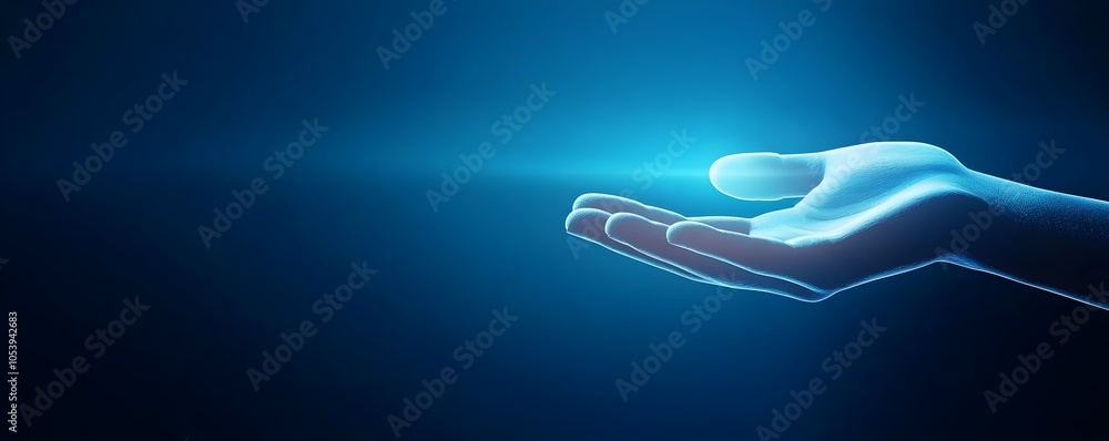 Poster futuristic hand silhouette in neon light - abstract scene with sharp edges and deep blue shadows for