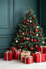 A festive green christmas tree adorned with red ornaments and silver accents surrounded by beautifully wrapped gifts