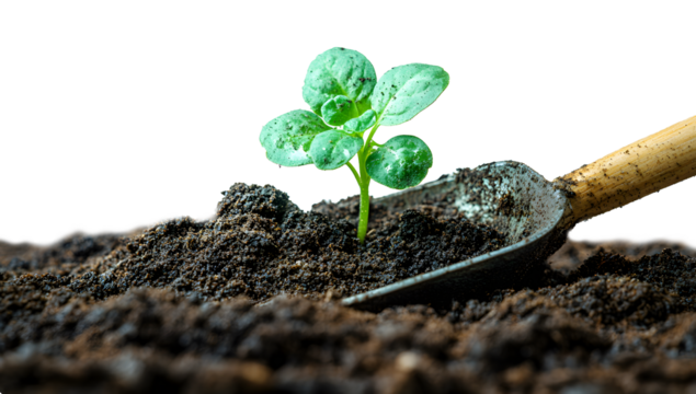 Shovel and Green Sprout in Soil, Isolated on Transparent Background