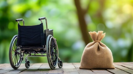 Fototapeta premium A wheelchair alongside a money bag on a natural green background, emphasizing the importance of saving for mutual funds and retirement for individuals with disabilities and ensuring financial security