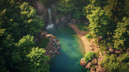 Overhead view of a serene forest clearing featuring a crystal-clear stream winding through, bordered by towering trees, with sunlight dappling the ground.