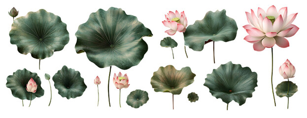  Set of Green Lotus Leaves and Pink Flowers Illustration, Isolated on Transparent Background
