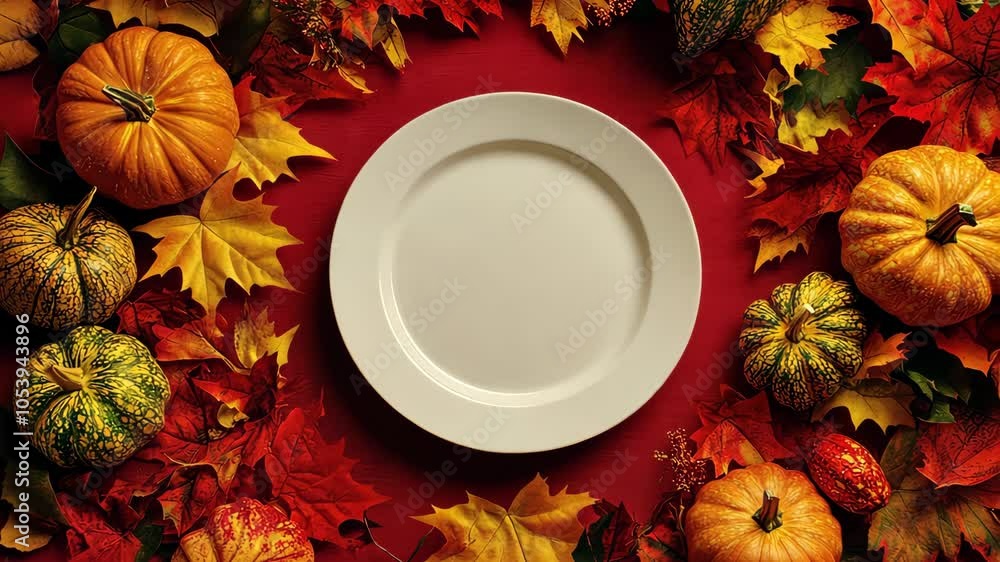 Poster autumn table setting appearing on red background