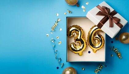 Obraz premium Number 36 birthday balloon celebration gift box lay flat explosion