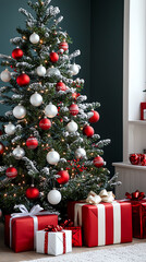 Enchanting lush christmas tree adorned with red and white decorations surrounded by festive gifts