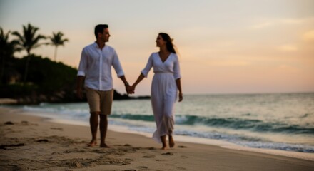 Couple walking hand in hand on tropical beach at sunset.