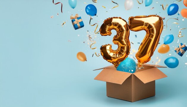 Number 37 birthday balloon celebration gift box lay flat explosion