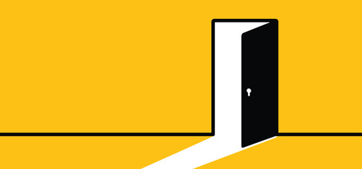 Cartoon open doors. Opened and closed wooden doors icon. Home or house entrance. Open door to room. Exit label concept. Push and Pull to open door. Doorknob with keyhole.