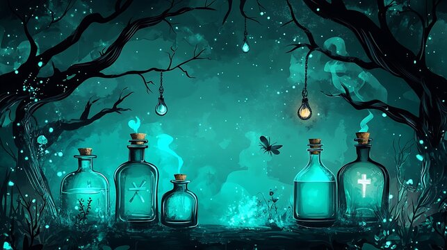 Halloween eerie teal vector backdrop featuring whimsical potion bottles