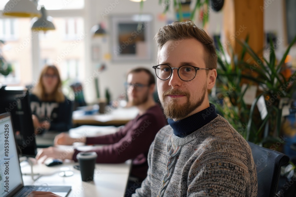 Poster man with glasses and a beard is sitting at a desk with other people. he is smiling and looking at th