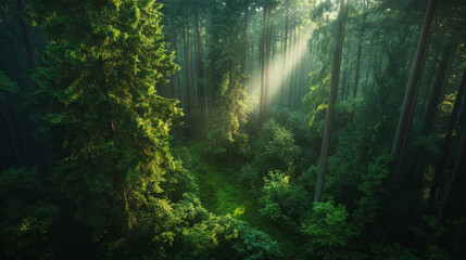 Overhead perspective of a peaceful forest clearing, surrounded by tall trees, sunlight dappling through the branches, creating a serene and inviting natural setting under soft light.