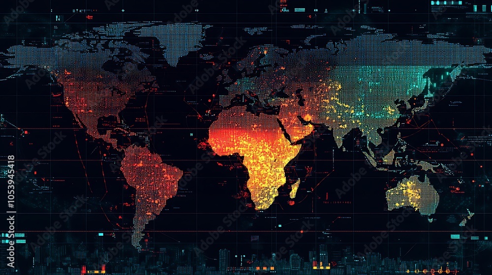 Aufkleber a digital world map with glowing red and blue lines representing data flow.