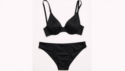 Woman wearing black lingerie bra  thong in frontal pose isolated on white backdrop