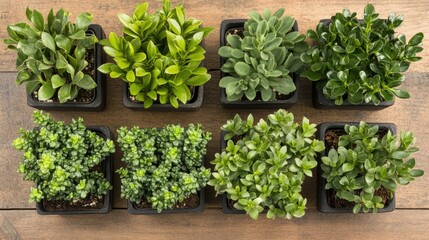 Obraz premium Variety of Green Plants in Black Pots on Wooden Table