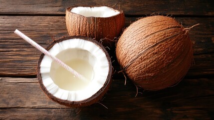 Fresh Coconuts on Wooden Table Background