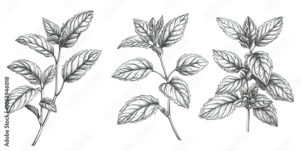 Poster three different types of leaves are drawn in black and white. the leaves are all different shapes an