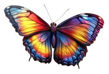 A colorful butterfly with a yellow and orange wing. The butterfly is sitting on a white background. The butterfly is a symbol of freedom and beauty