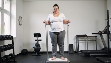Fototapeta premium Disappointed overweight woman faces scale conveying diet-related struggle in a contemporary setting