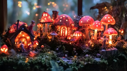 Fototapeta premium Halloween enchanted woodland with glowing mushrooms and fairies