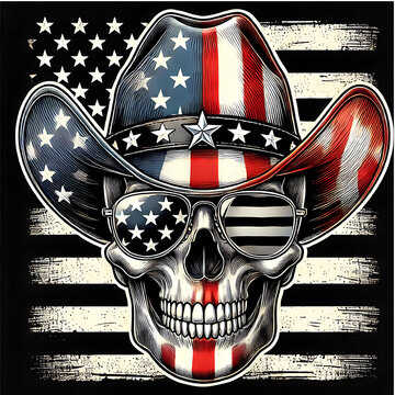 Skull wearing American flag cowboy hat and aviator sunglasses with stars and stripes, set against a distressed USA flag background. Detailed vintage illustration. Patriotic and western theme. Design f