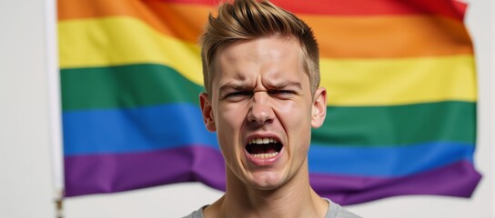 A young gay man screams in frustration and anger against a colorful background of a rainbow flag