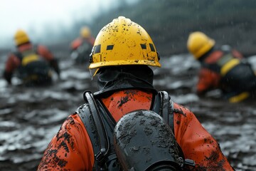 Workers in protective gear responding to an environmental disaster in harsh conditions.