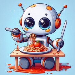 Cartton version of an ai mini robot eating spaghetti 